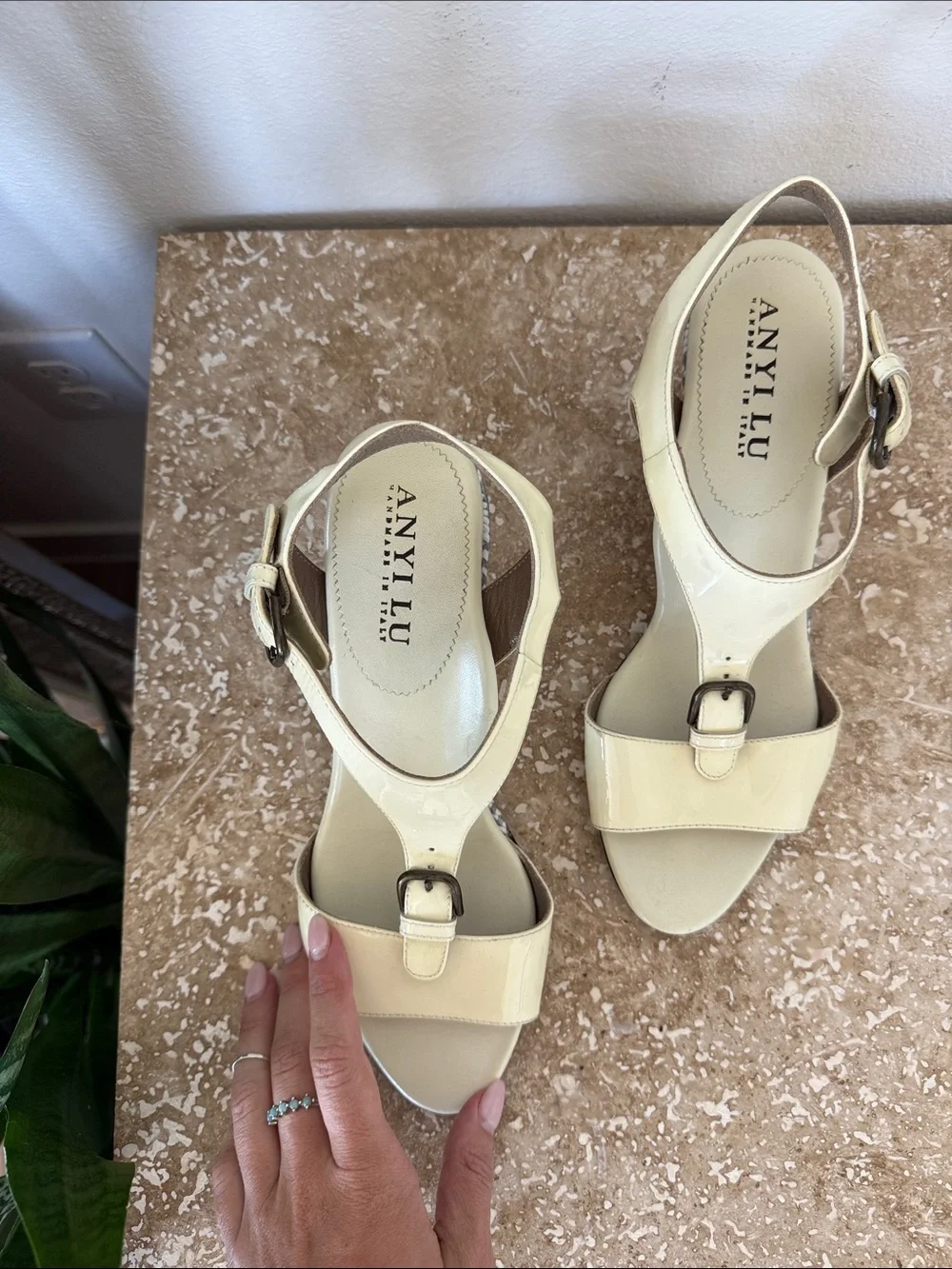 Anyi Lu Cream Patent Leather Buckle Slingback Heels Made in Italy